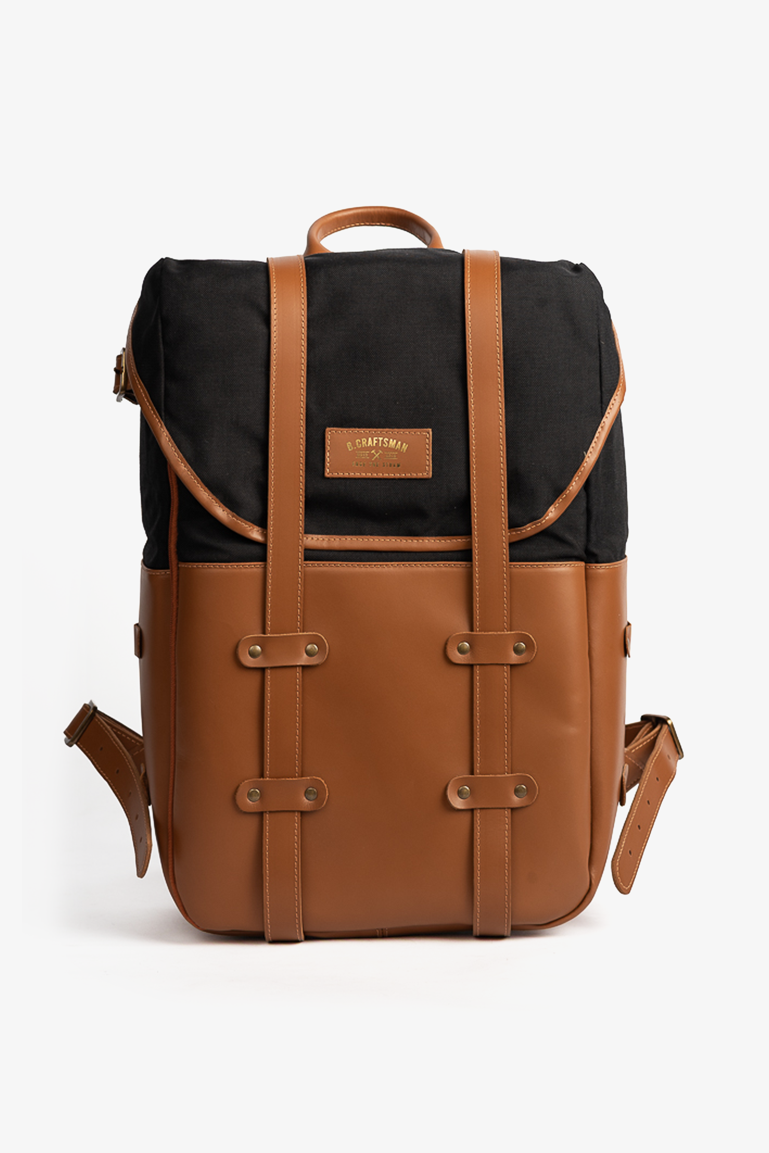 Mochila Couro Caramelo Lona Preta Arya