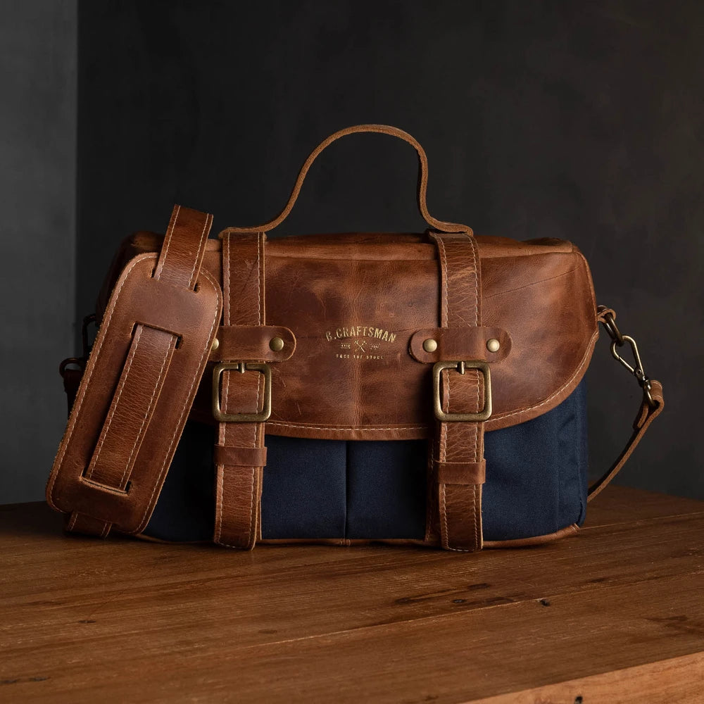 Bolsa Lona Azul c/ Couro Marrom Penny