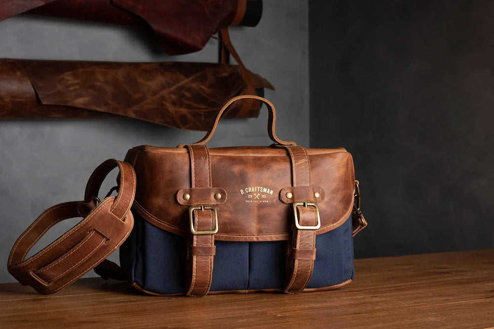 Bolsa Lona Azul c/ Couro Marrom Penny