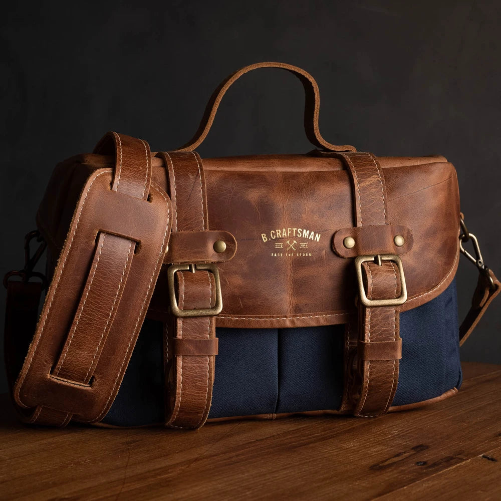 Bolsa Lona Azul c/ Couro Marrom Penny