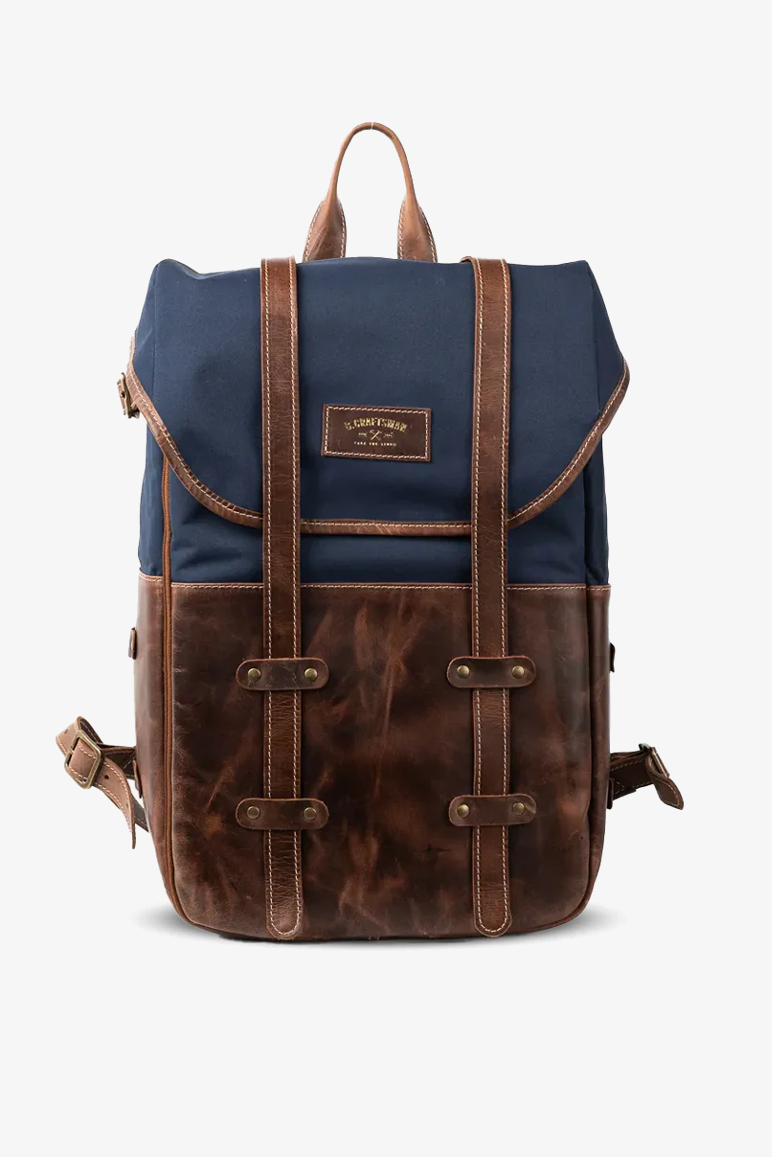 Mochila Couro Marrom com Lona Azul Arya