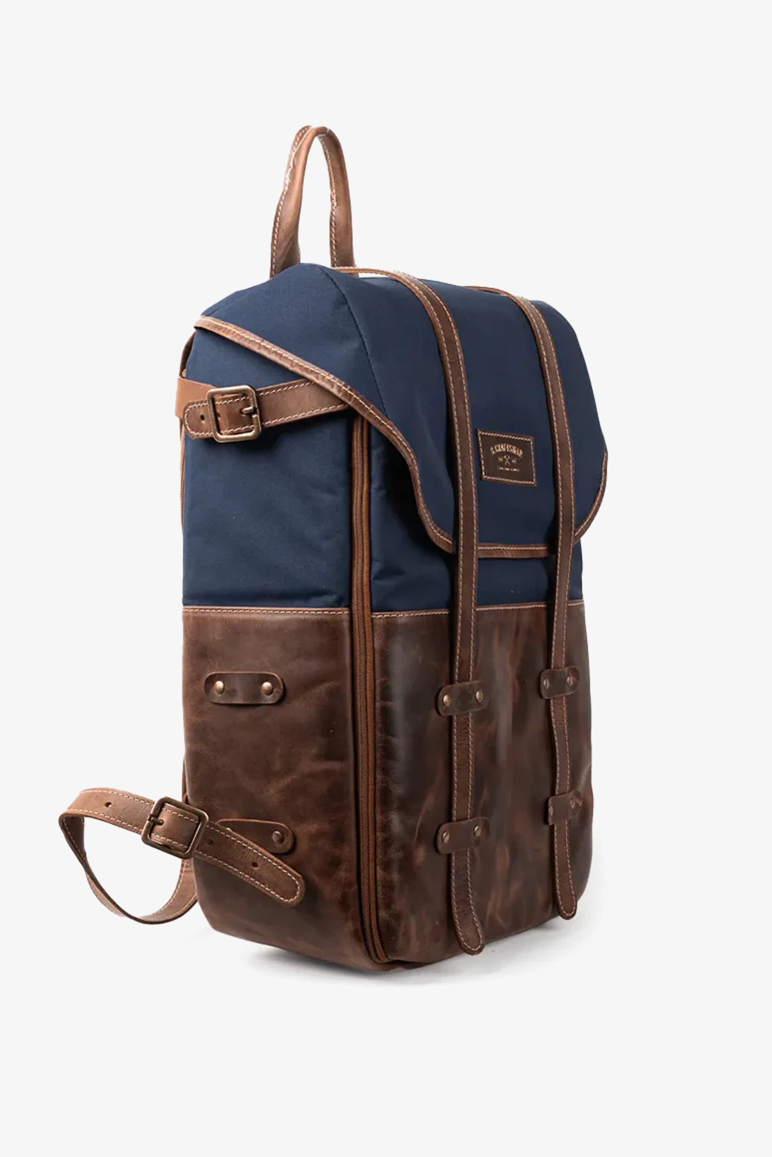 Mochila Couro Marrom com Lona Azul Arya