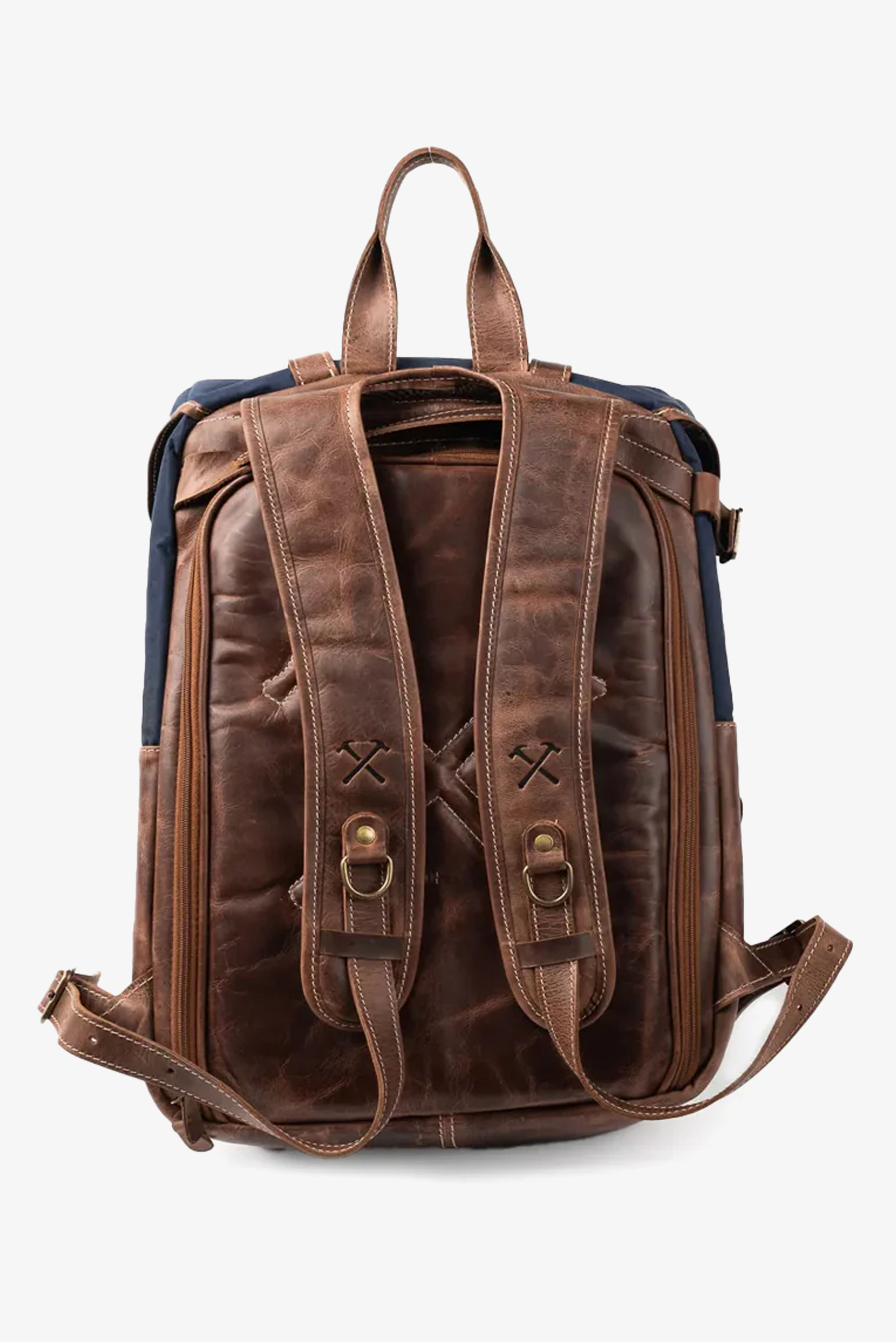 Mochila Couro Marrom com Lona Azul Arya