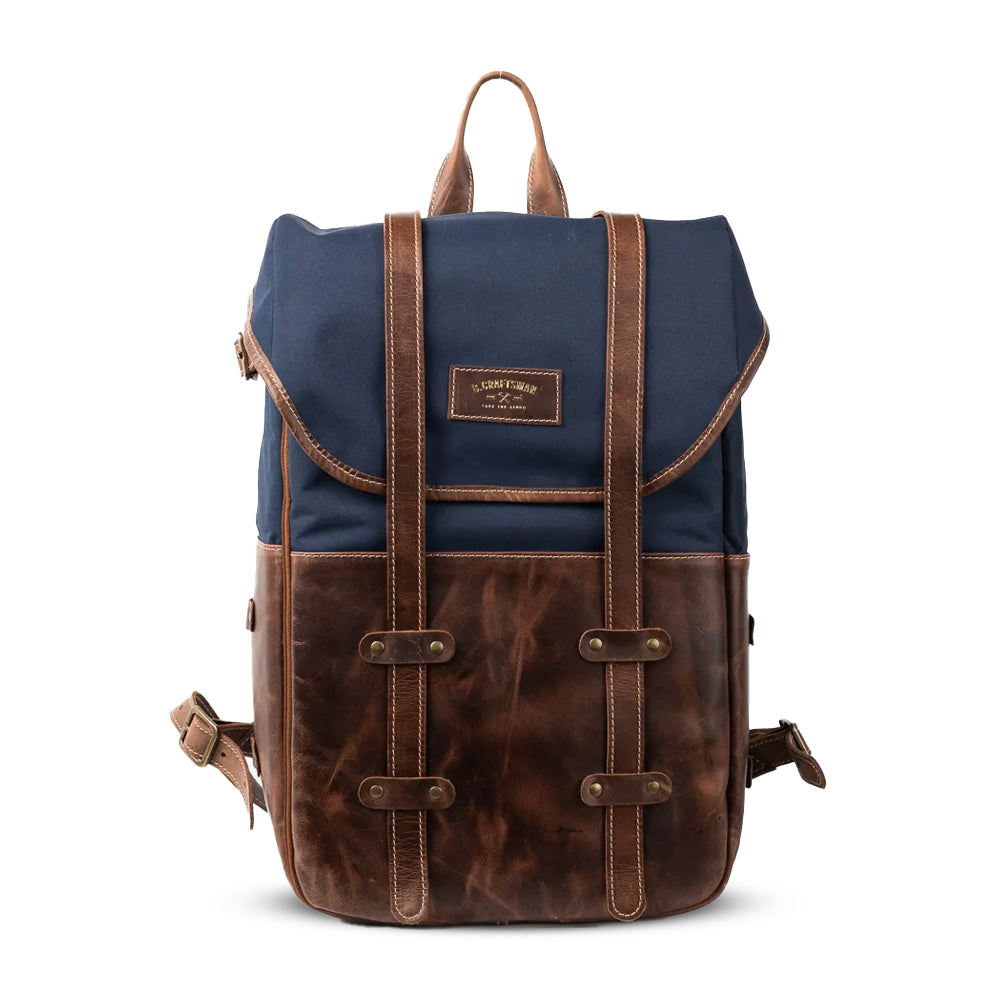 Mochila Couro Marrom com Lona Azul Arya