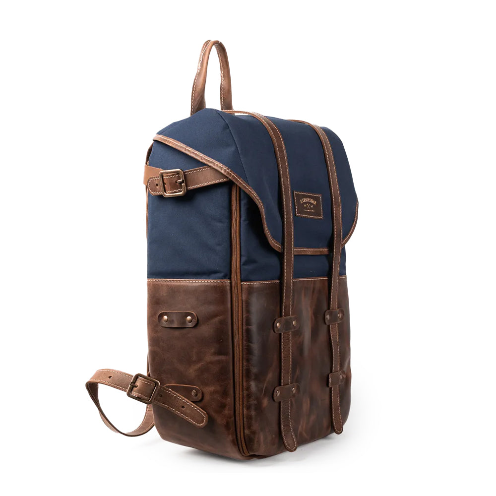 Mochila Couro Marrom com Lona Azul Arya