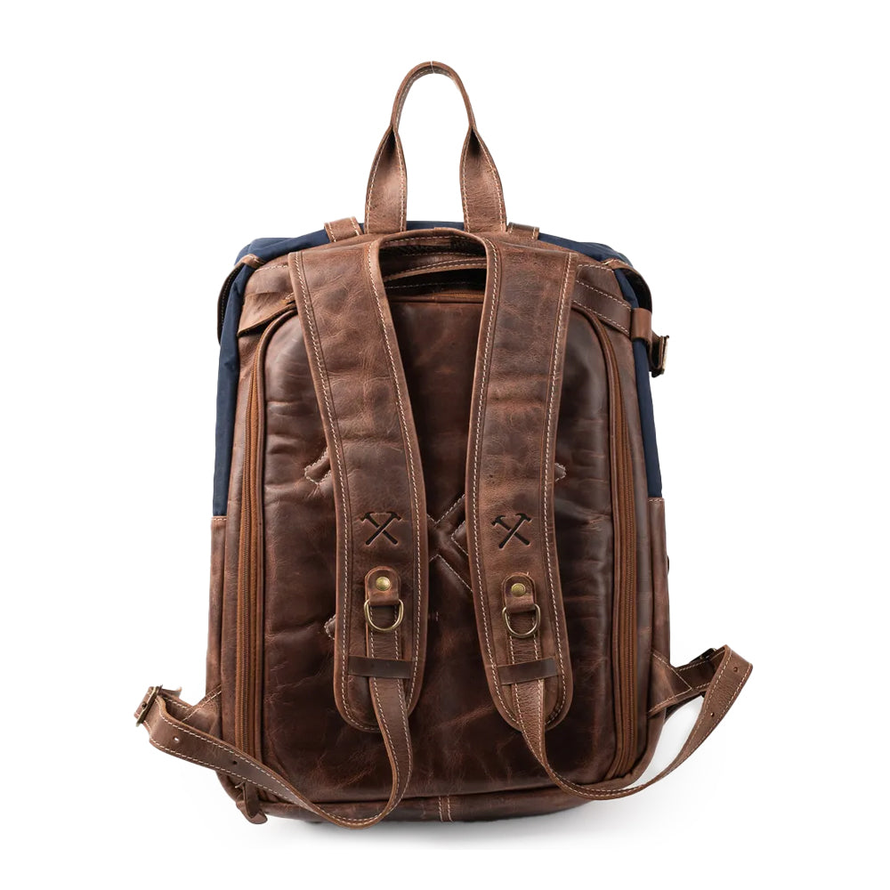 Mochila Couro Marrom com Lona Azul Arya
