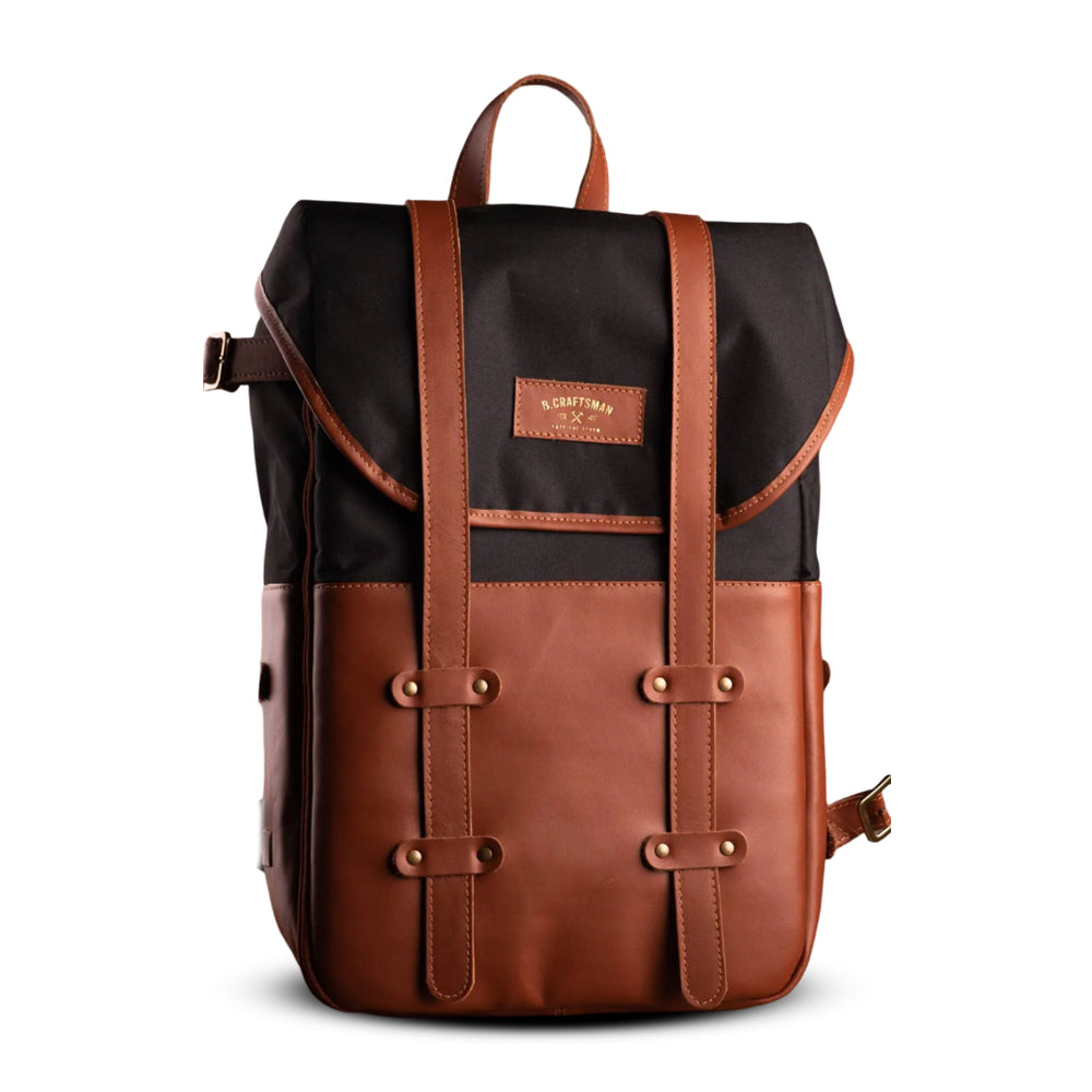 Mochila Couro Caramelo Lona Preta Arya