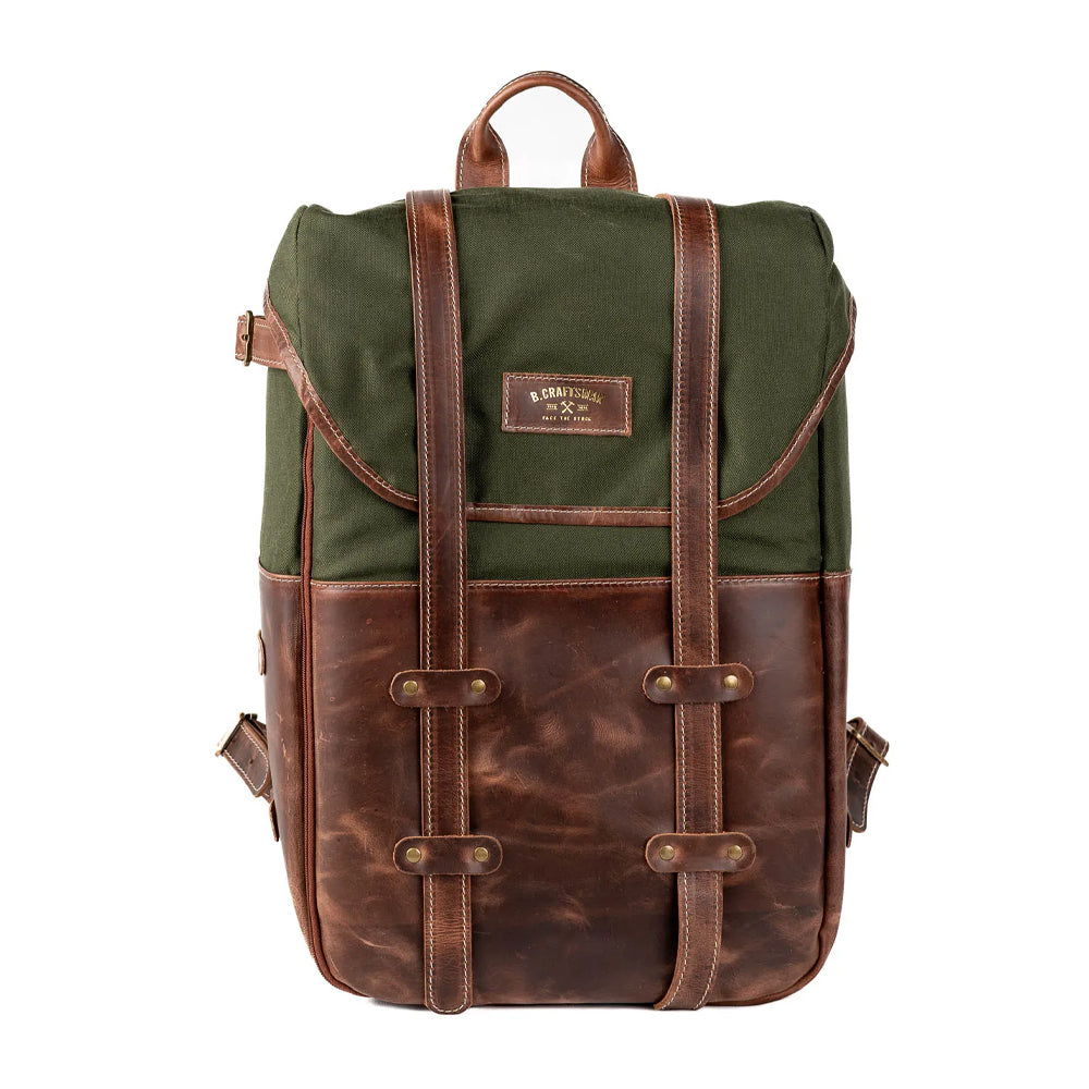 Mochila Couro Marrom Lona Verde Arya