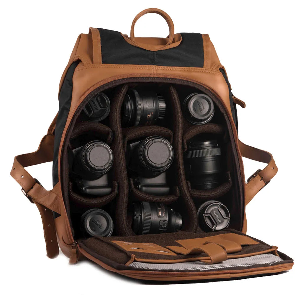 Mochila Couro Caramelo e Lona Preta Roadstar