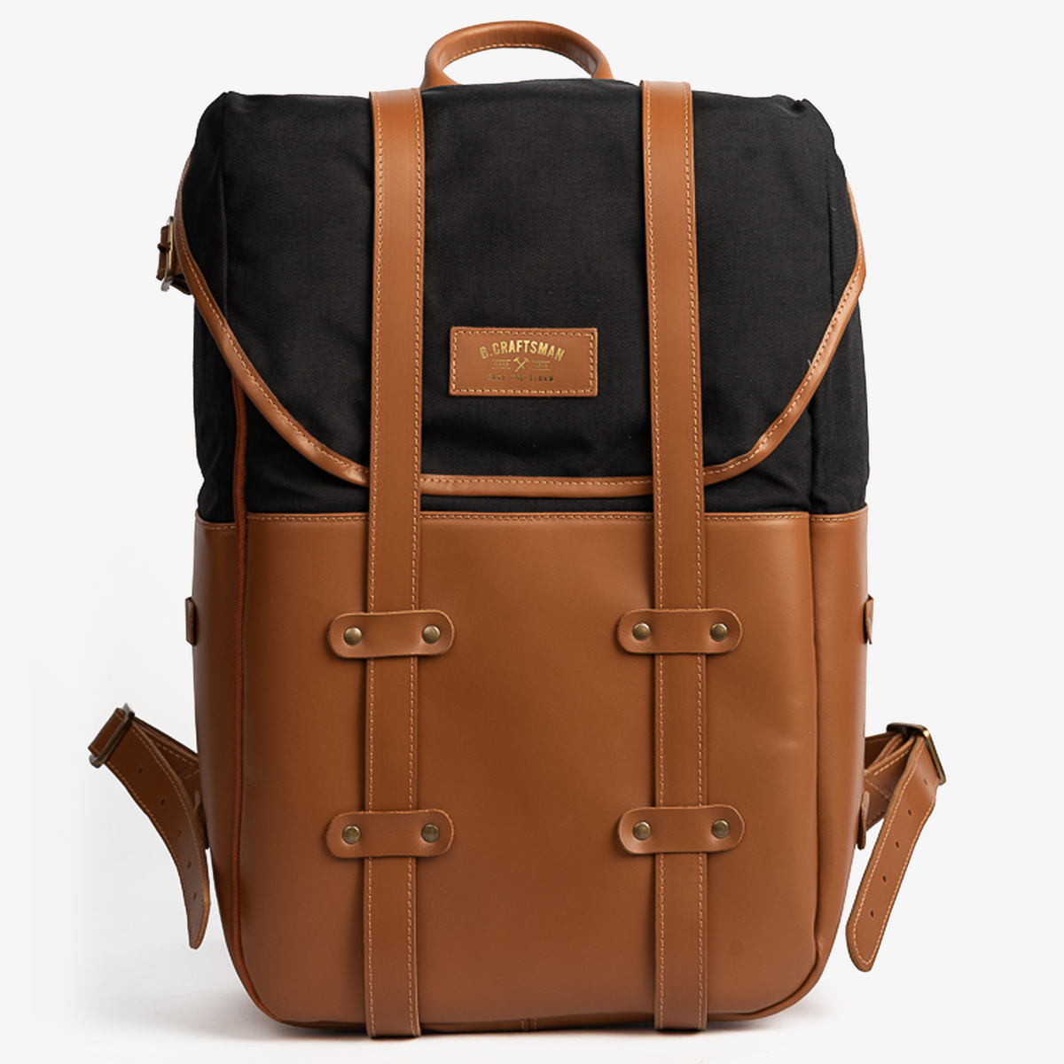 Mochila Couro Caramelo Lona Preta Arya