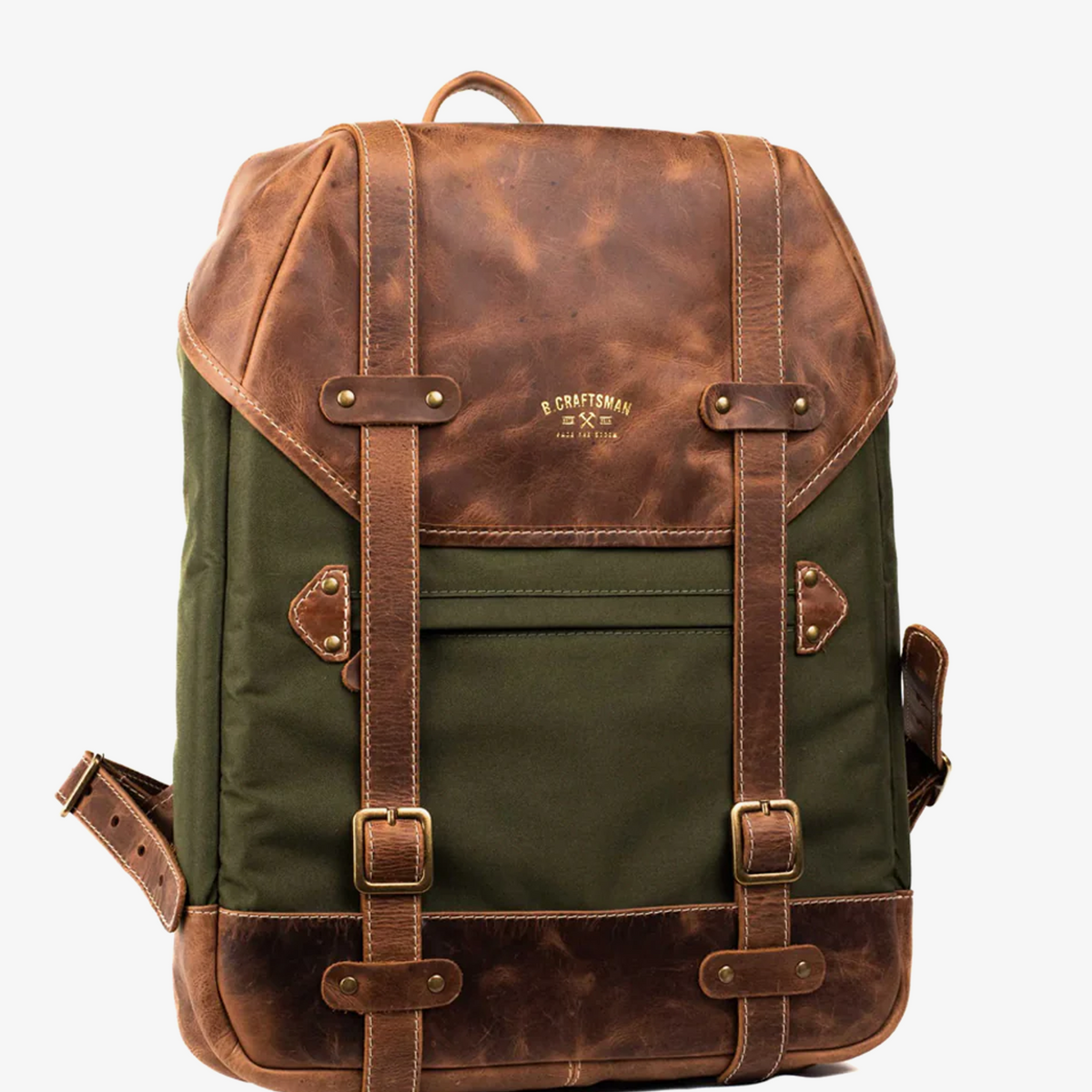 Mochila Couro Marrom e Lona Verde Roadstar