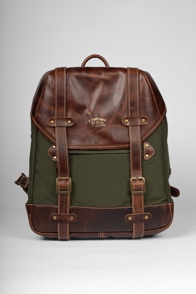 Mochila Couro Marrom e Lona Verde Roadstar