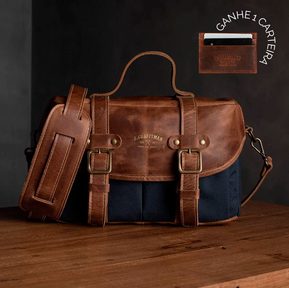 Bolsa Lona Azul c/ Couro Marrom Penny