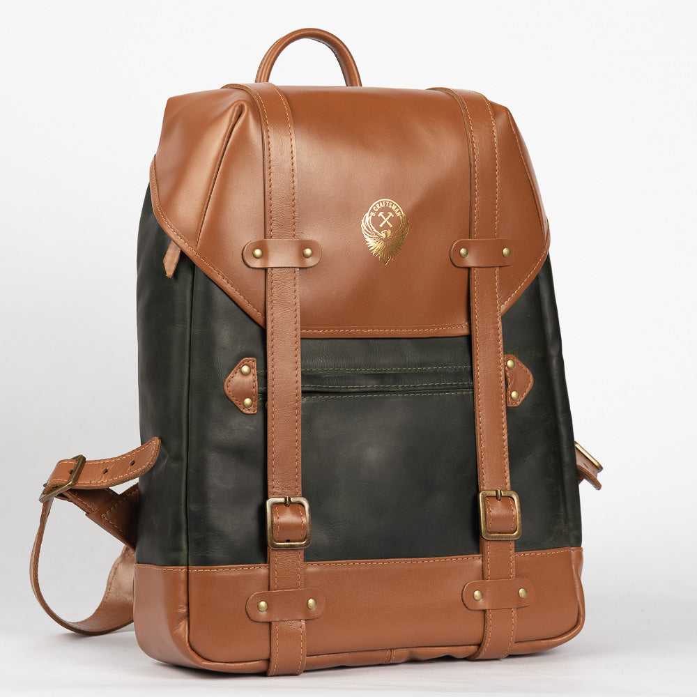 Mochila Metamorphosis Couro Verde com Couro Caramelo