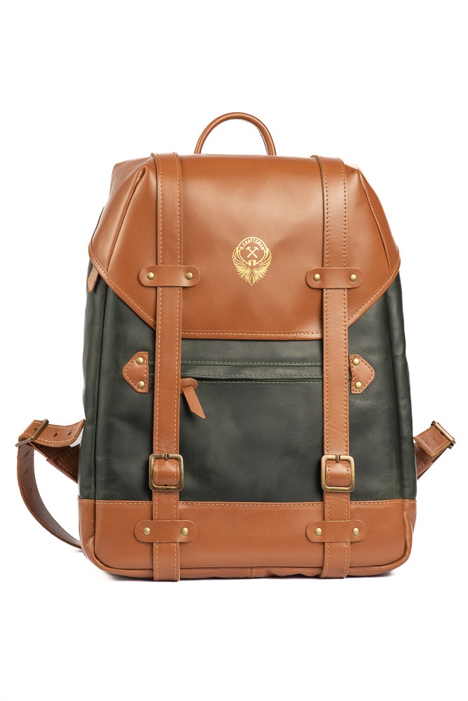 Mochila Metamorphosis Couro Verde com Couro Caramelo